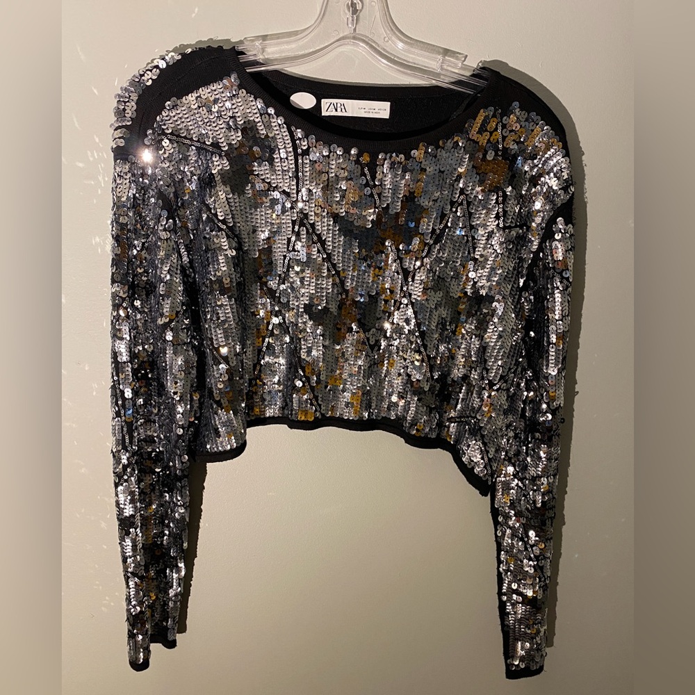 ZARA- Silver Sequin Crop Sweater